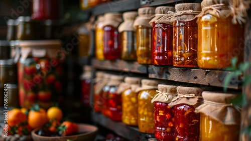 Stacked canned goods against a backdrop of homemade preserves photo