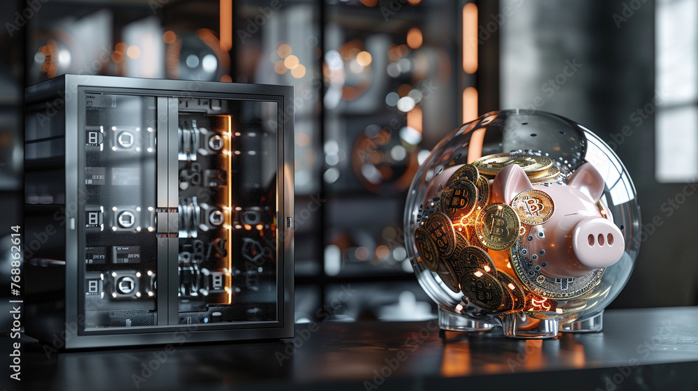Digital Currency Savings Concept with Piggy Bank and Vault Digital Currency Savings Concept with Piggy Bank and Vault