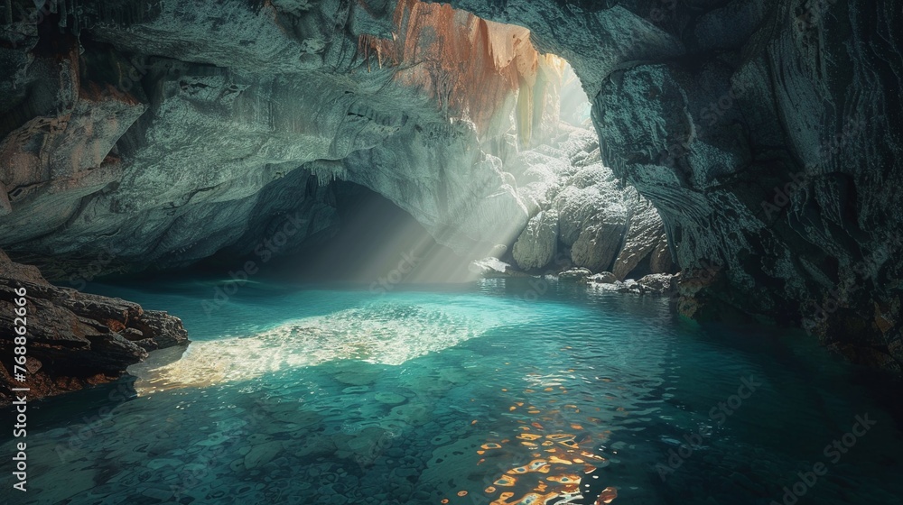 Hidden cave pool illuminated by sunlight through a crevice - obrazy, fototapety, plakaty 