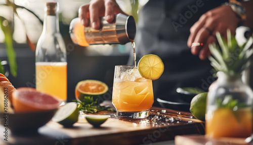 A skilled bartender pours a tropical citrus cocktail over ice, garnished with a lime wheel, in a vibrant bar setting.
 photo