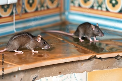 two rats scurrying over kitchen tiles