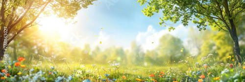 A bright sun shines on the green grass, yellow wildflowers of daisies blooming on blue sky background.A beautiful spring summer meadow .banner © Nice Seven