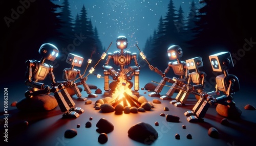 Robots Gathering Around a Campfire in the Forest at Night © dragon_fang