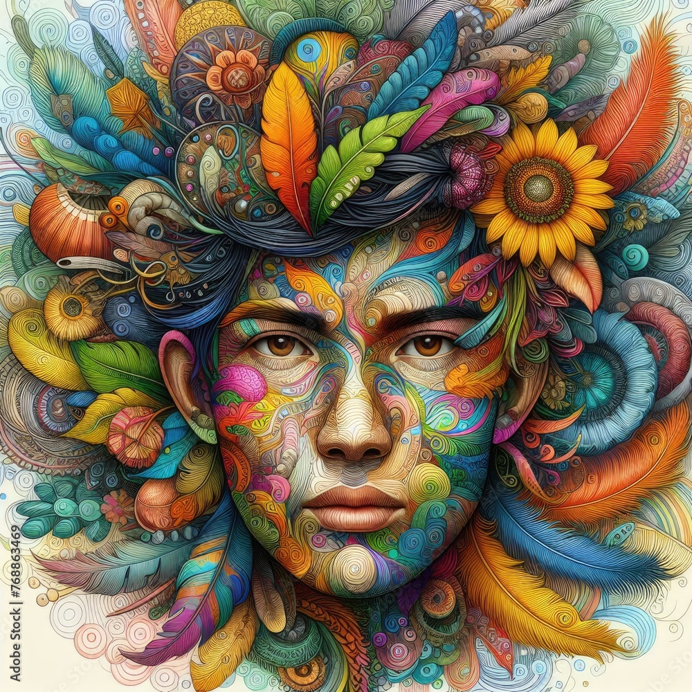 Fototapeta premium Artistic Portrait of a Vibrant Floral-Crowned Woman