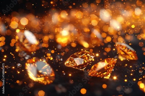 A close-up of radiant diamonds surrounded by golden light specks and a sparkling bokeh effect