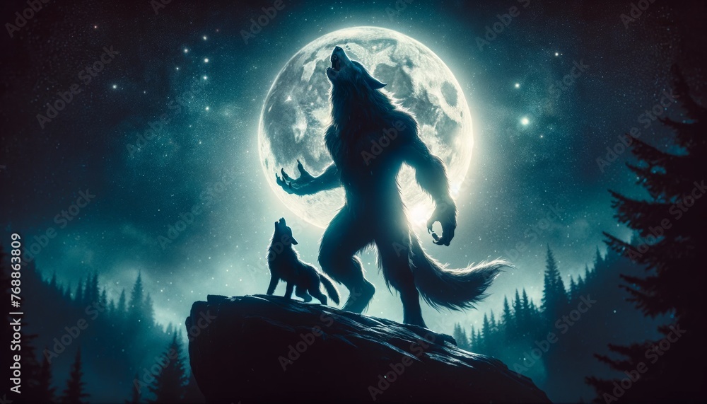 Wolves howling at full moon in mystical forest landscape