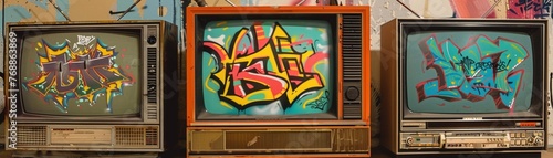 Retro television sets displaying static with vibrant graffiti overlays