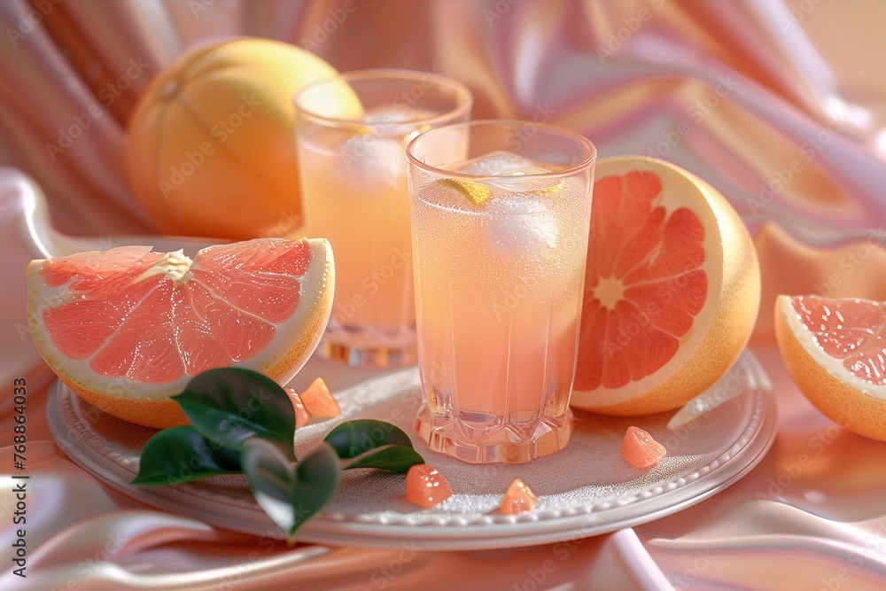 Fototapeta premium Chilled grapefruit juice in glasses, surrounded by fresh grapefruit slices on a pastel drapery