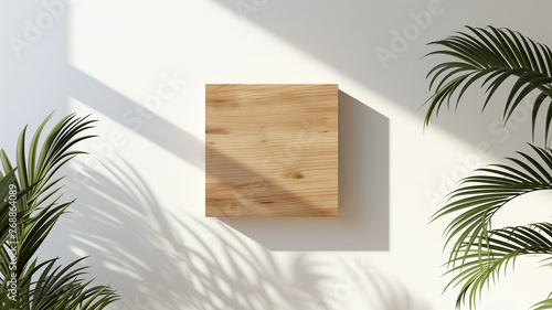 Wooden board on the wall next to some plants  Mockup Software. Generated AI 