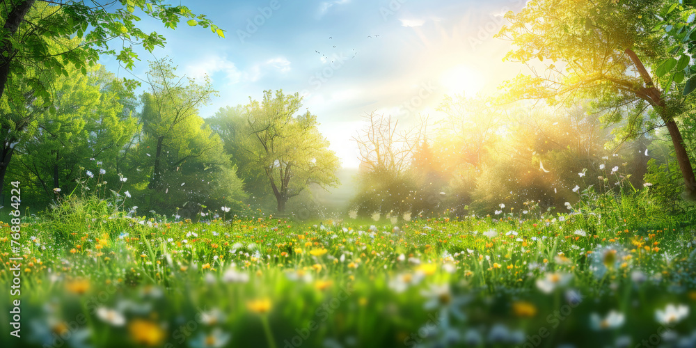 A bright sun shines on the green grass, yellow wildflowers of daisies blooming on blue sky background.A beautiful spring summer meadow .banner