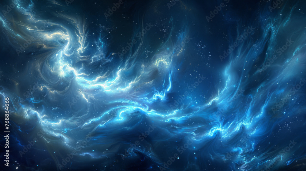 Abstract cosmic background depicting swirling blue nebula patterns with glowing light effects.