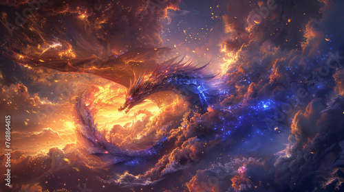 Fantasy artwork of a powerful dragon flying amidst vibrant orange clouds and a luminous sun.