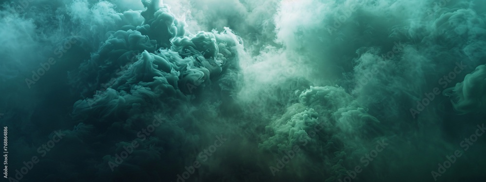 Swirling aqua smoke forms a dense, ethereal cloud against a dark backdrop, creating a mysterious aura