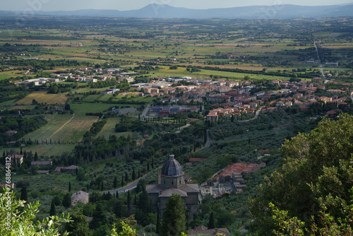 Panoramic view from Cortona, Italy, at summer. Santa Maria delle Grazie al Calcinaio