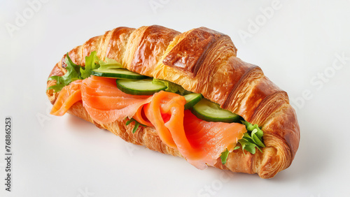 croissant sandwich with salmon and cucumber on the white background