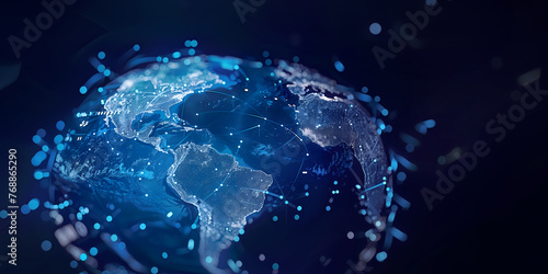 Digital world globe centered on America, concept of global network and connectivity, data transfer and cyber technology, information exchange and telecommunication