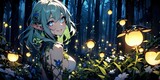 Cute Elf against the background of the forest, night, fireflies, magic, sexy elf girl