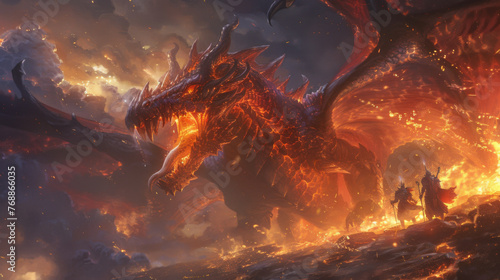 Dramatic fantasy scene of warriors confronting a fiery dragon. photo
