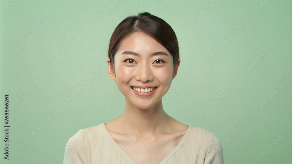 Smiling Japanese woman exudes joy and happiness in a friendly studio portrait Smiling Japanese woman exudes joy and happiness in a friendly studio portrait