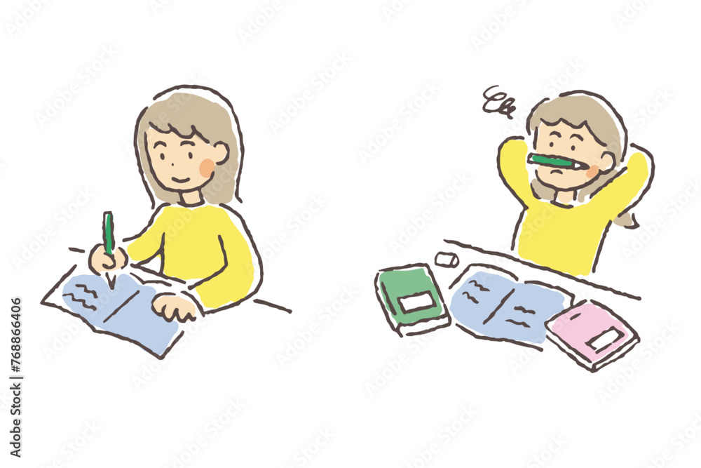 ノートをまとめるのに飽きた若い女性のイラスト ノートをまとめるのに飽きた若い女性のイラスト