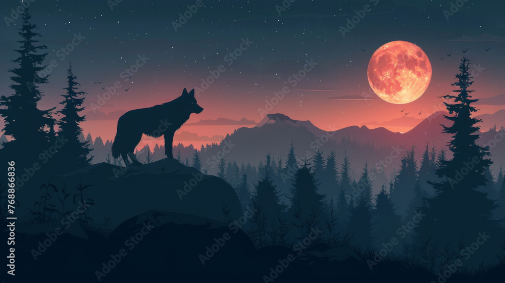 A tranquil scene of a wolf howling at a blood-red full moon in a serene forest landscape at dusk. A tranquil scene of a wolf howling at a blood-red full moon in a serene forest landscape at dusk.