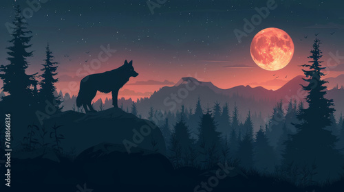 A tranquil scene of a wolf howling at a blood-red full moon in a serene forest landscape at dusk.