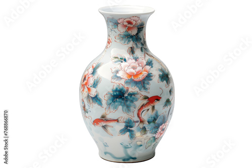 Traditional porcelain vase with floral and koi fish designs isolated on a white backdrop