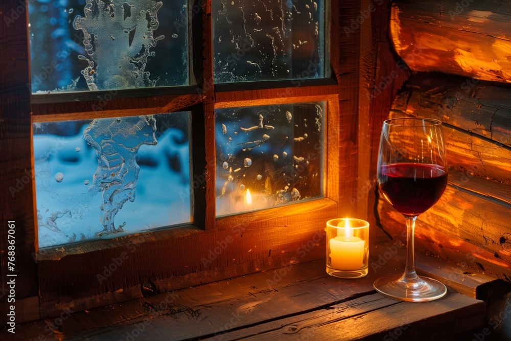 candlelit wine setting by a rustic cabin window
