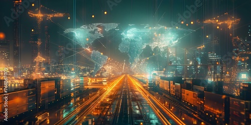 Futuristic global trade scene with cargo ship moving trains and glowing world map. Concept Futuristic Trade, Cargo Ship, Moving Trains, Glowing World Map, Global Scene