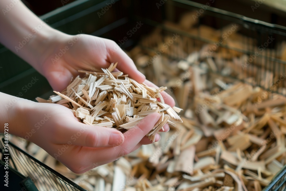 hands holding a handful of wood chips for a hamster cage - obrazy, fototapety, plakaty 