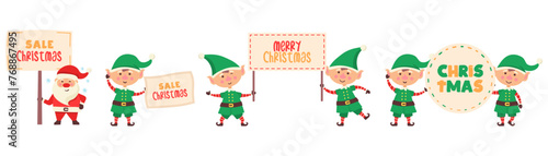 santa and elf holding a sign in their hands