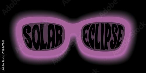 Solar eclipse text with glowing sunglasses vector illustration. Funky lettering shaped in goggles to protect eyes watching at sun. Design for banner, article, social media.