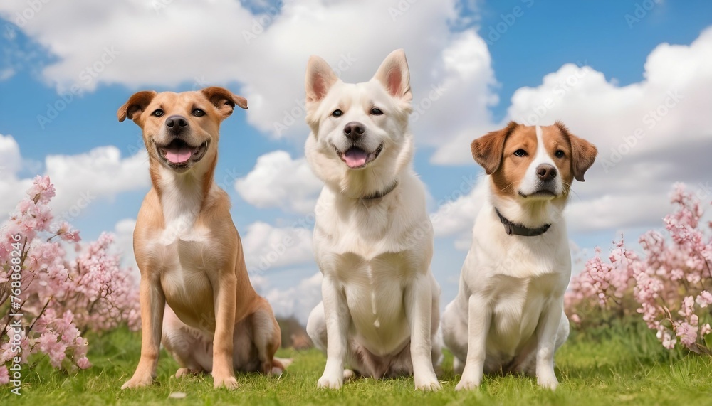 International dog day with cute and domestic dogs are standing and looking front behind them a beautiful spring background with sky and clouds