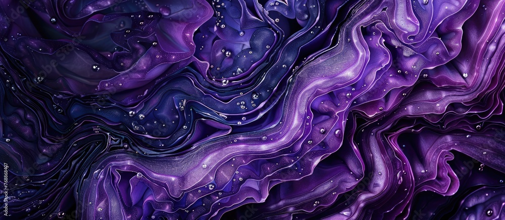 A detailed top view of a purple cabbage texture with water drops on a black background. The water drops create a striking contrast against the vibrant purple and black colors. A detailed top view of a purple cabbage texture with water drops on a black background. The water drops create a striking contrast against the vibrant purple and black colors.