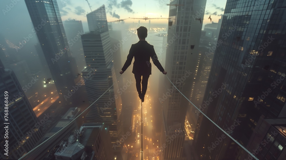 Obraz premium Businessman walking on a tightrope stretched between two skyscrapers, symbolizing risk and challenge. Risk management concept.