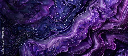 A detailed top view of a purple cabbage texture with water drops on a black background. The water drops create a striking contrast against the vibrant purple and black colors.