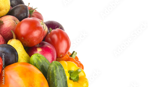 Set of vegetables and fruits isolated on a white. Free space for text. © alinamd