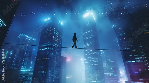 Businessman walking on a tightrope stretched between two skyscrapers, symbolizing risk and challenge. Risk management concept. photo