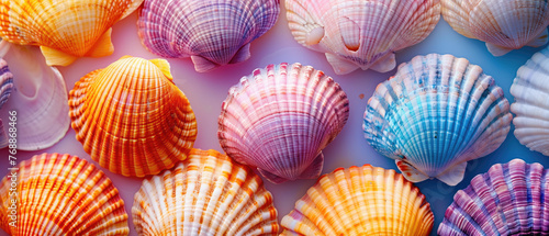 A vibrant collection of colorful seashells arranged against a gradient background  © Александр Марченко