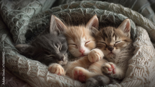 A photograph capturing the essence of tranquility, featuring kittens cuddled together in a soft knit blanket