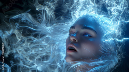 Digital art of a woman's face with vibrant blue lighting effects and swirling smoke, creating a dreamlike atmosphere.