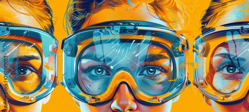 Digital art featuring five faces overlaid with protective goggles against an orange backdrop, depicting vigilance and unity.