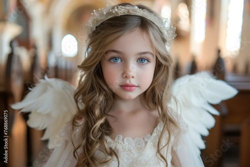 Portrait of a cute little girl in the wings of a white angel in a church at a wedding photo