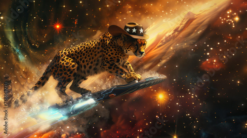 A wildly imaginative depiction of a cheetah surfing on a board in space, donning a cowboy hat among stars photo