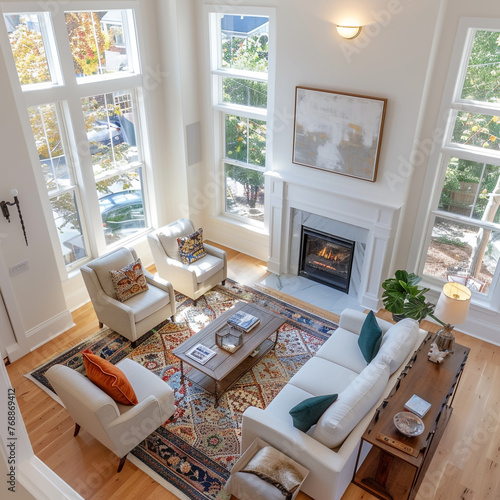 a birds eye view onto a living roomA bright and ai