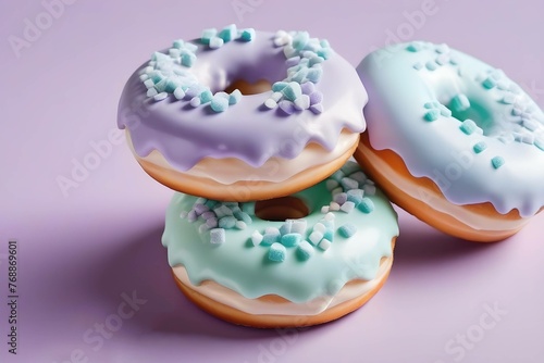 pastel donuts with vibrant blue and green icing, sprinkled with white, against a purple backdrop. generative ai