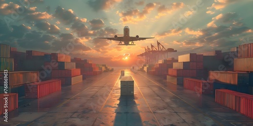 Industrial port with cargo containers trucks and a flying plane symbolizing global business success in energy and construction. Concept Industrial Port, Cargo Containers, Trucks, Flying Plane