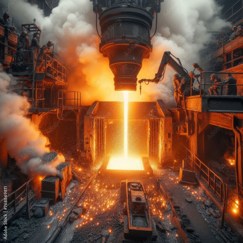 A fiery steel foundry in action, molten metal casting in an industrial setting