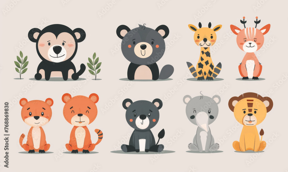 A colorful set of cartoon animal illustrations, perfect for children's educational materials and decorations. A colorful set of cartoon animal illustrations, perfect for children's educational materials and decorations.