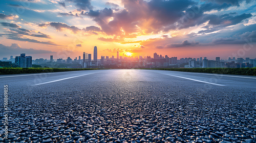 Empty asphalt road and modern city skyline with buildings, Generative Ai